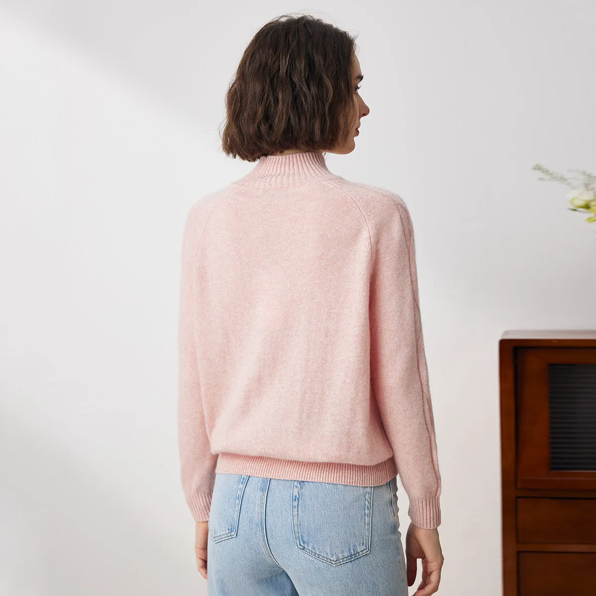 100% Cashmere Ribbed Cable Knit Mock Neck Sweater