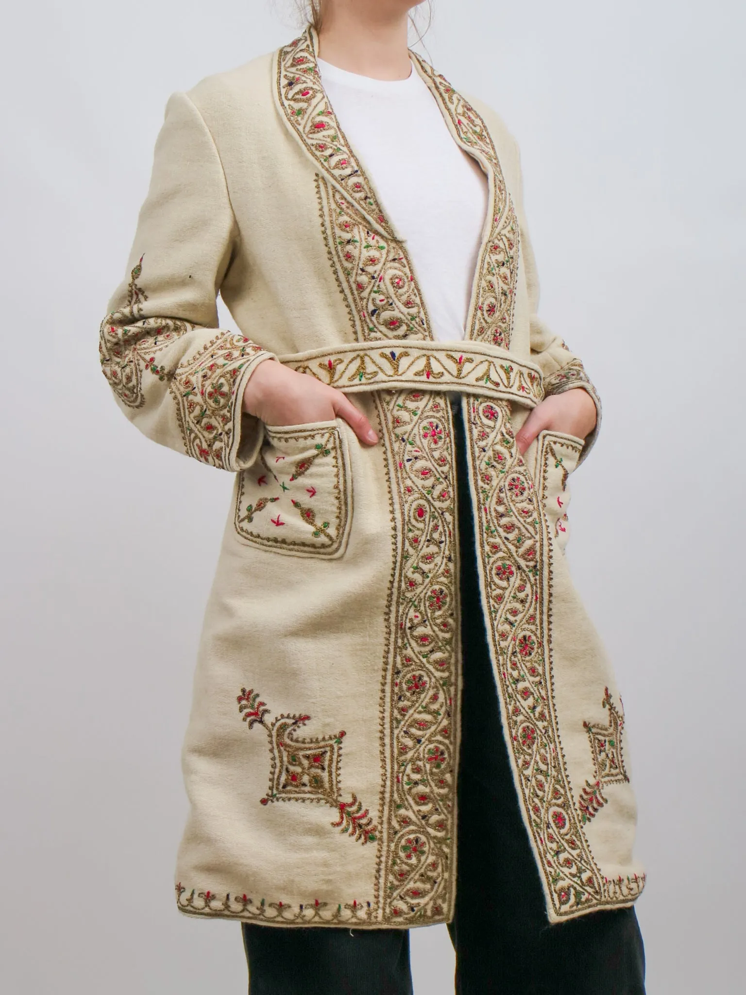 1960s Off White Embroidered Metallic Boho Wool Coat