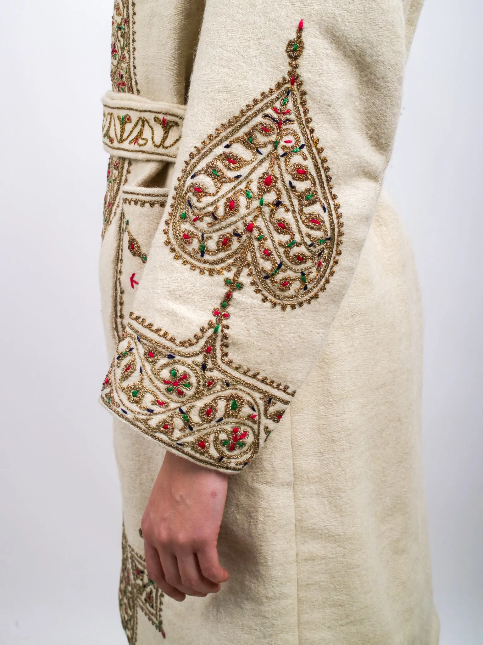 1960s Off White Embroidered Metallic Boho Wool Coat