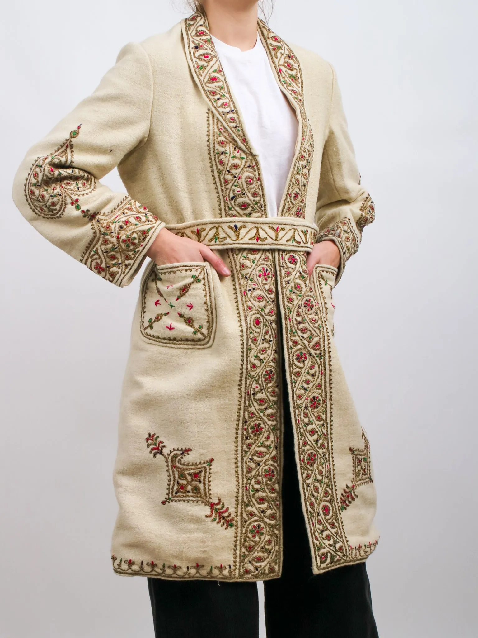 1960s Off White Embroidered Metallic Boho Wool Coat