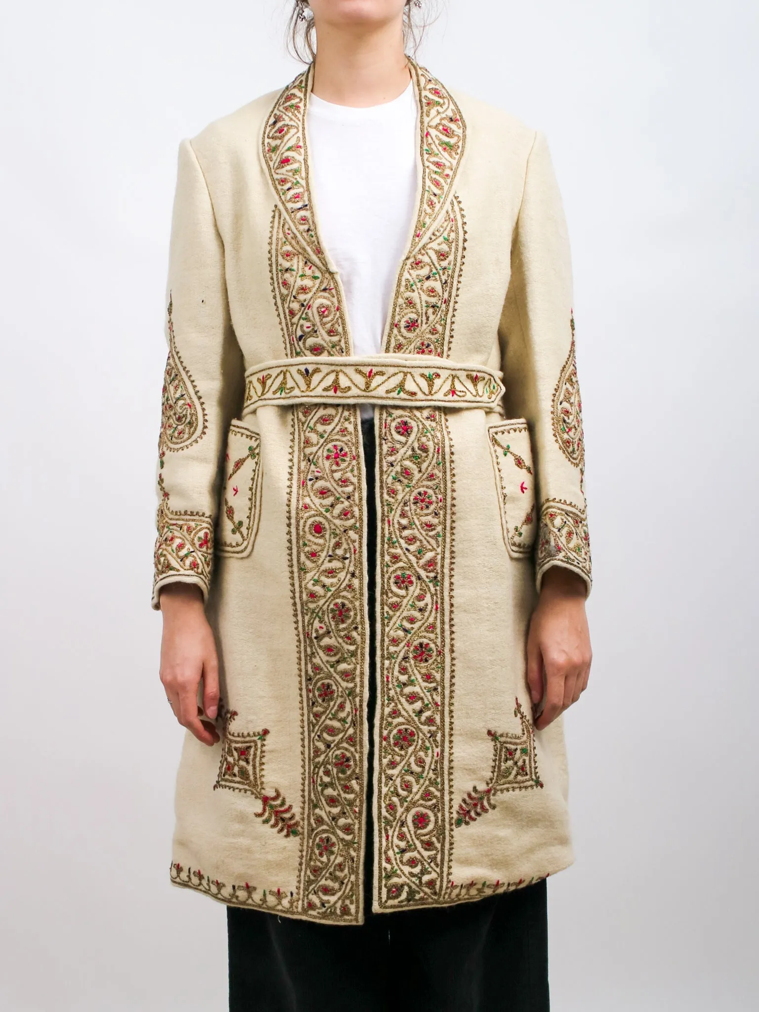 1960s Off White Embroidered Metallic Boho Wool Coat