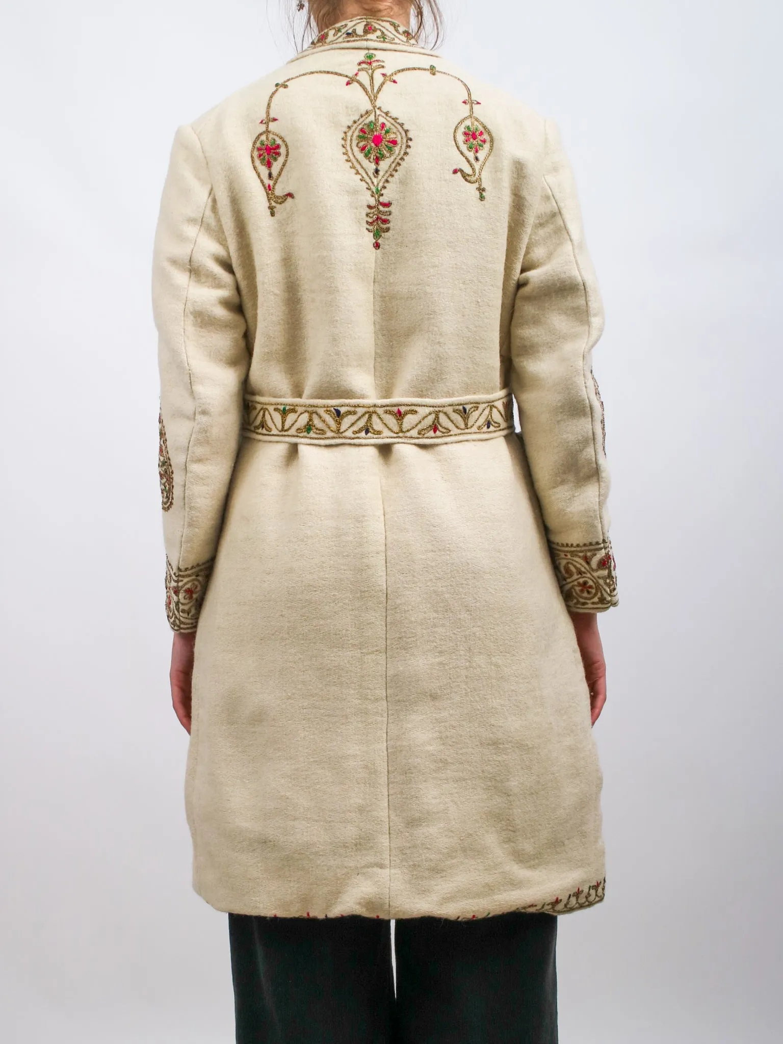 1960s Off White Embroidered Metallic Boho Wool Coat