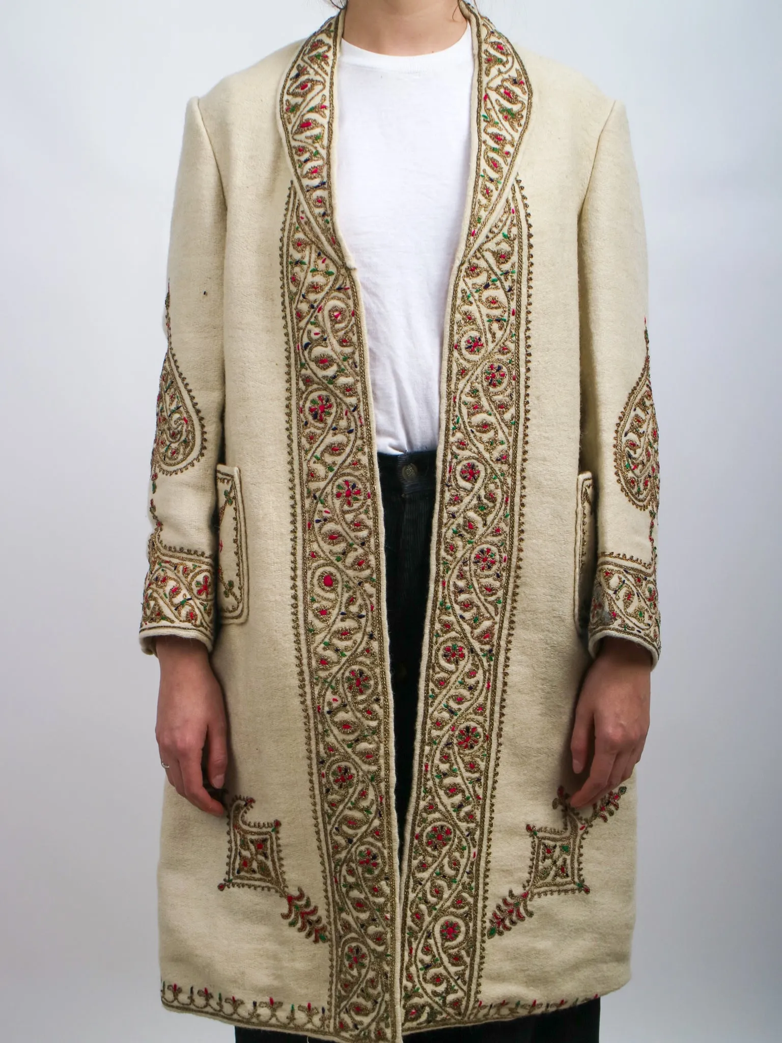 1960s Off White Embroidered Metallic Boho Wool Coat