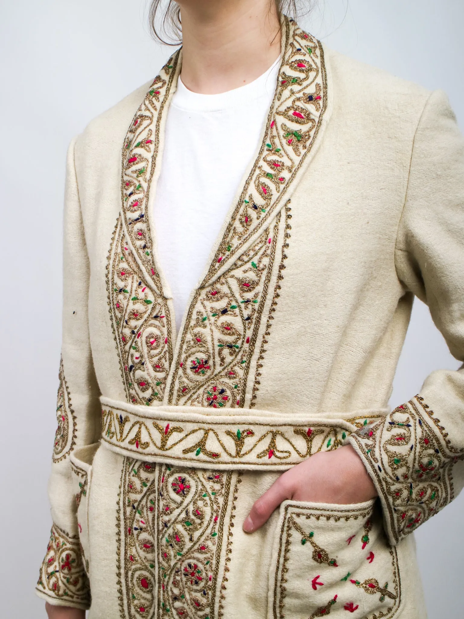 1960s Off White Embroidered Metallic Boho Wool Coat