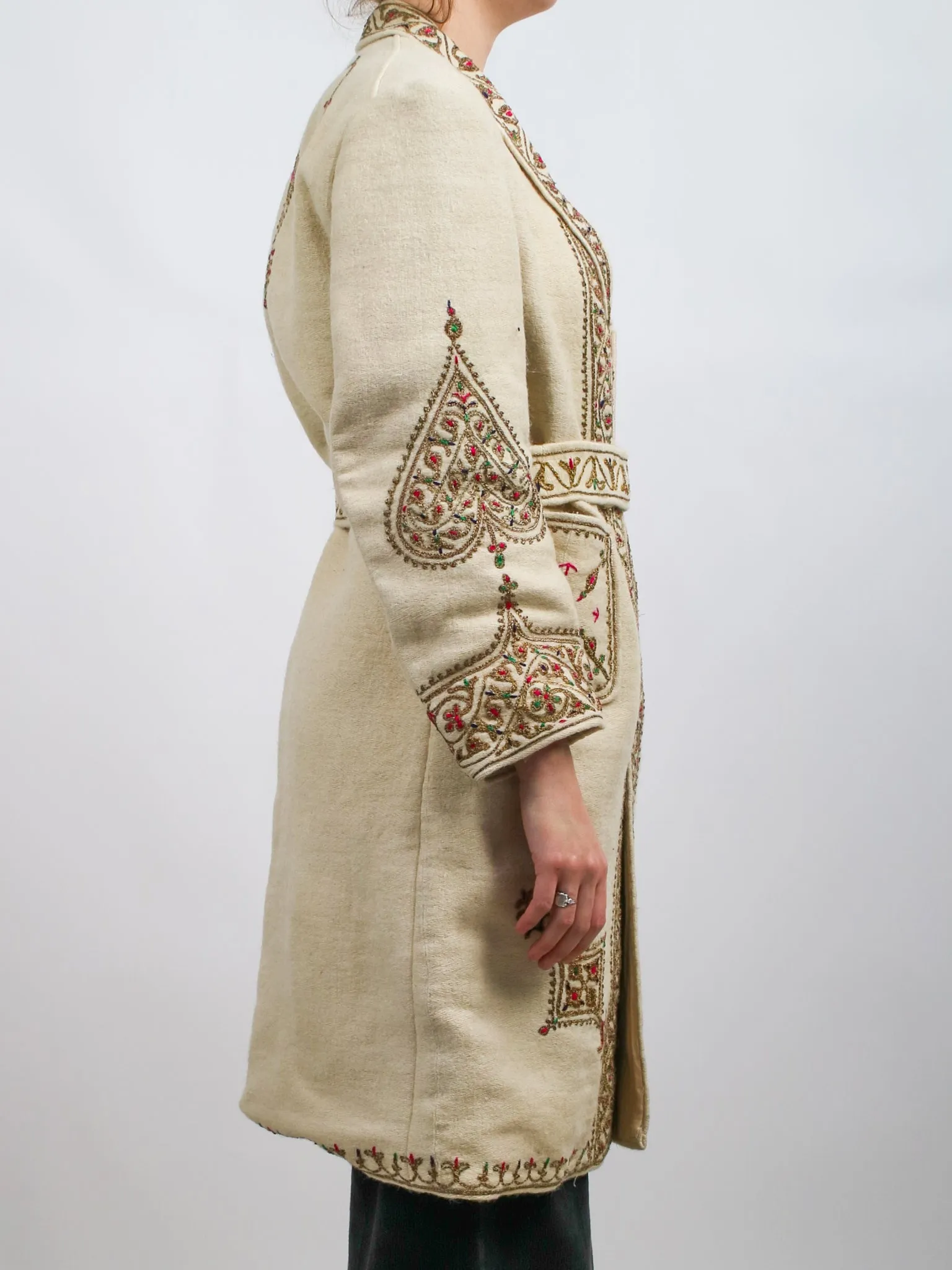 1960s Off White Embroidered Metallic Boho Wool Coat