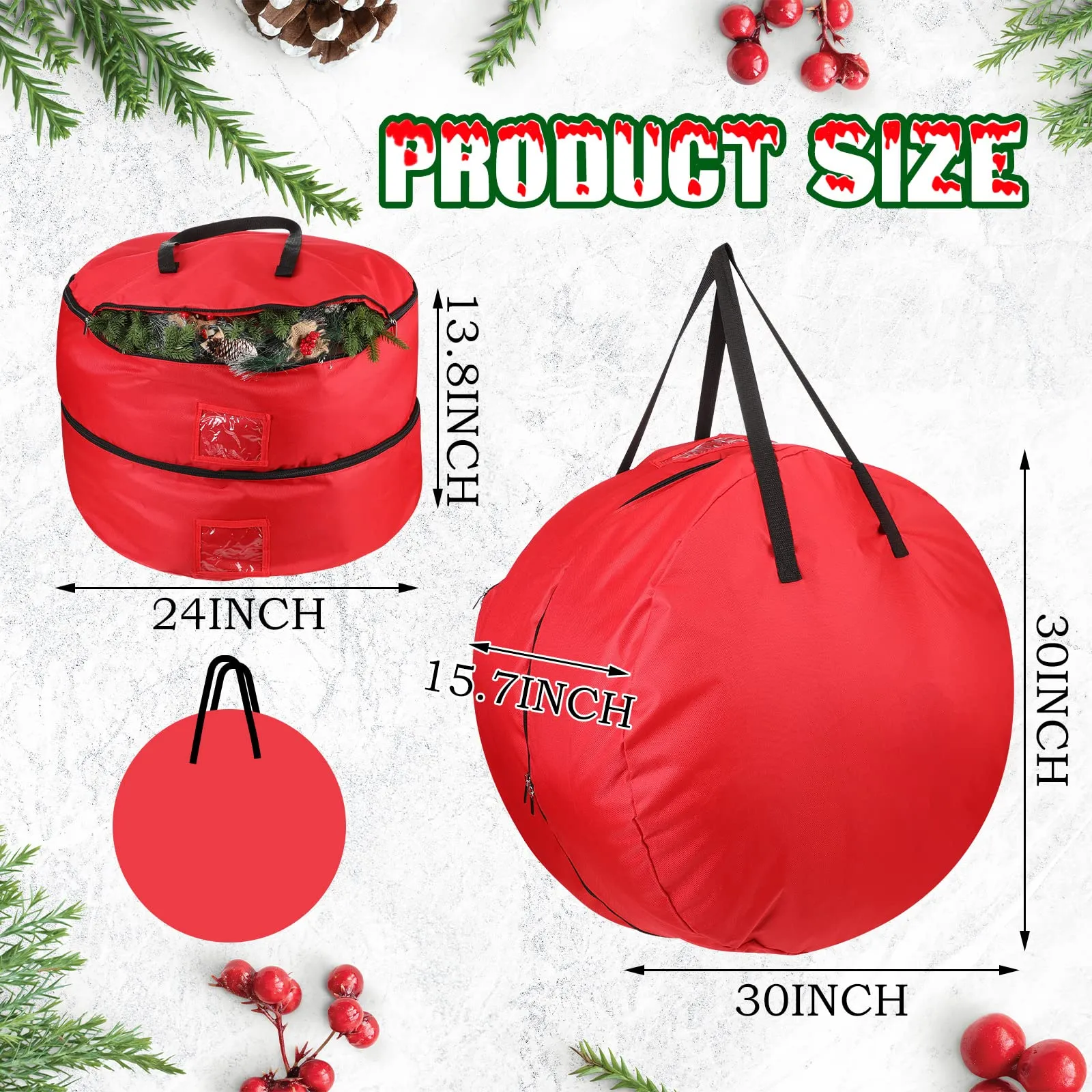 2 Pcs Christmas Wreath Storage Bag 24 Inch, 30 Inch, 600D Double Layer Oxford Christmas Storage Containers Round Zippered Artificial Door Wreaths Container with Compartment Organizers and Handles, Red