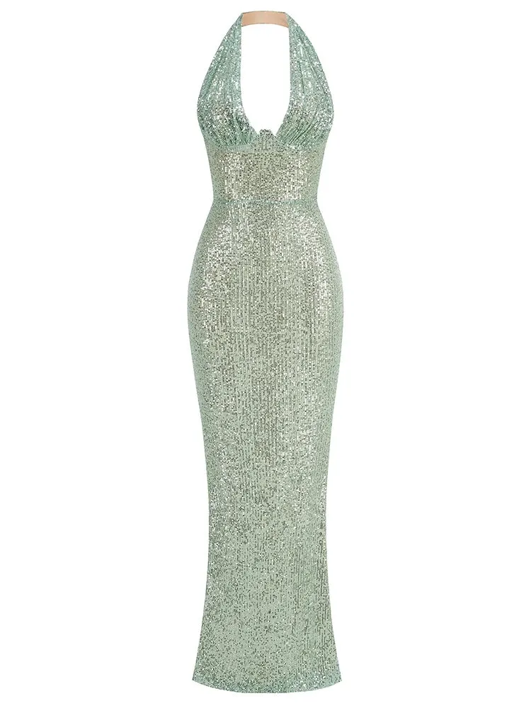 A&A Luxe Halter Deep V Neck Sequins Maxi Dress