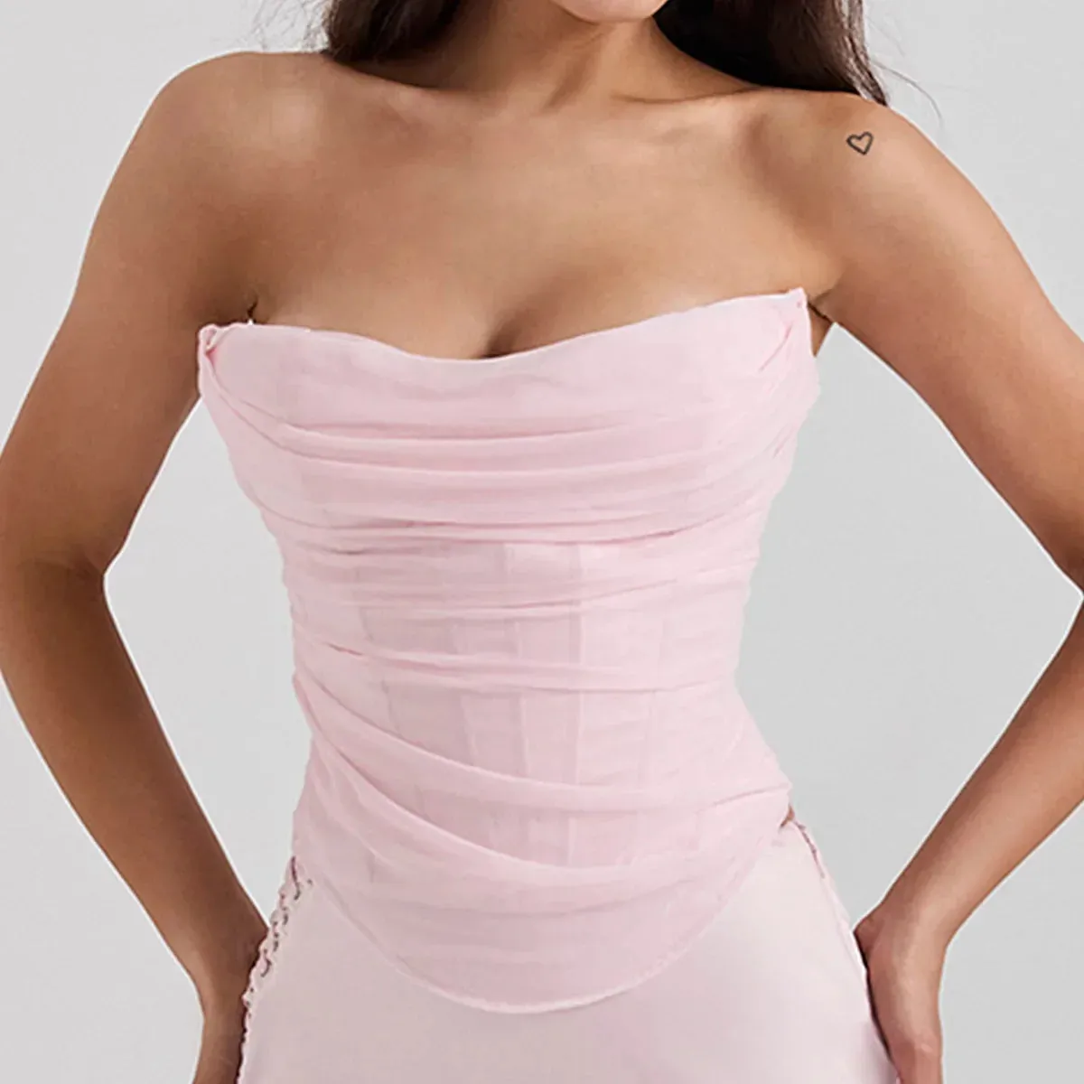 Amozae Summer strapless Bodycon Cropped Tops Elegant Pink Mesh Corset Top Sexy casual Holiday Party Women's Clothing