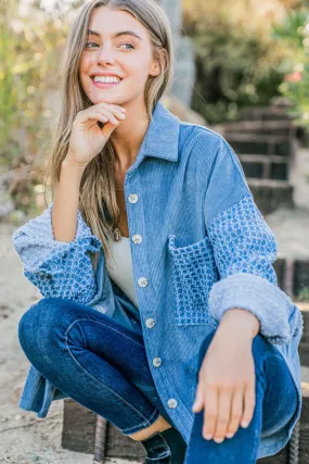 And The Why Button Down Corduroy Contrast Texture Long Sleeve Shacket in Blue