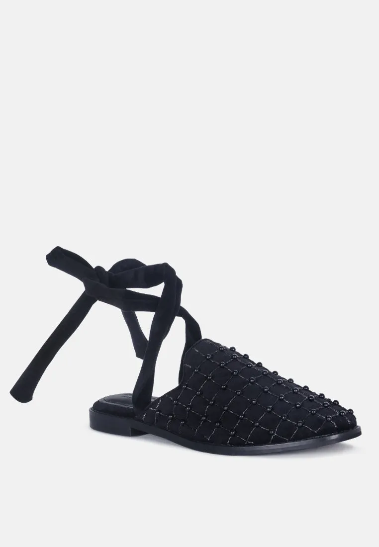 Asante Crisscross Beaded Veil Velvet Mules in Black