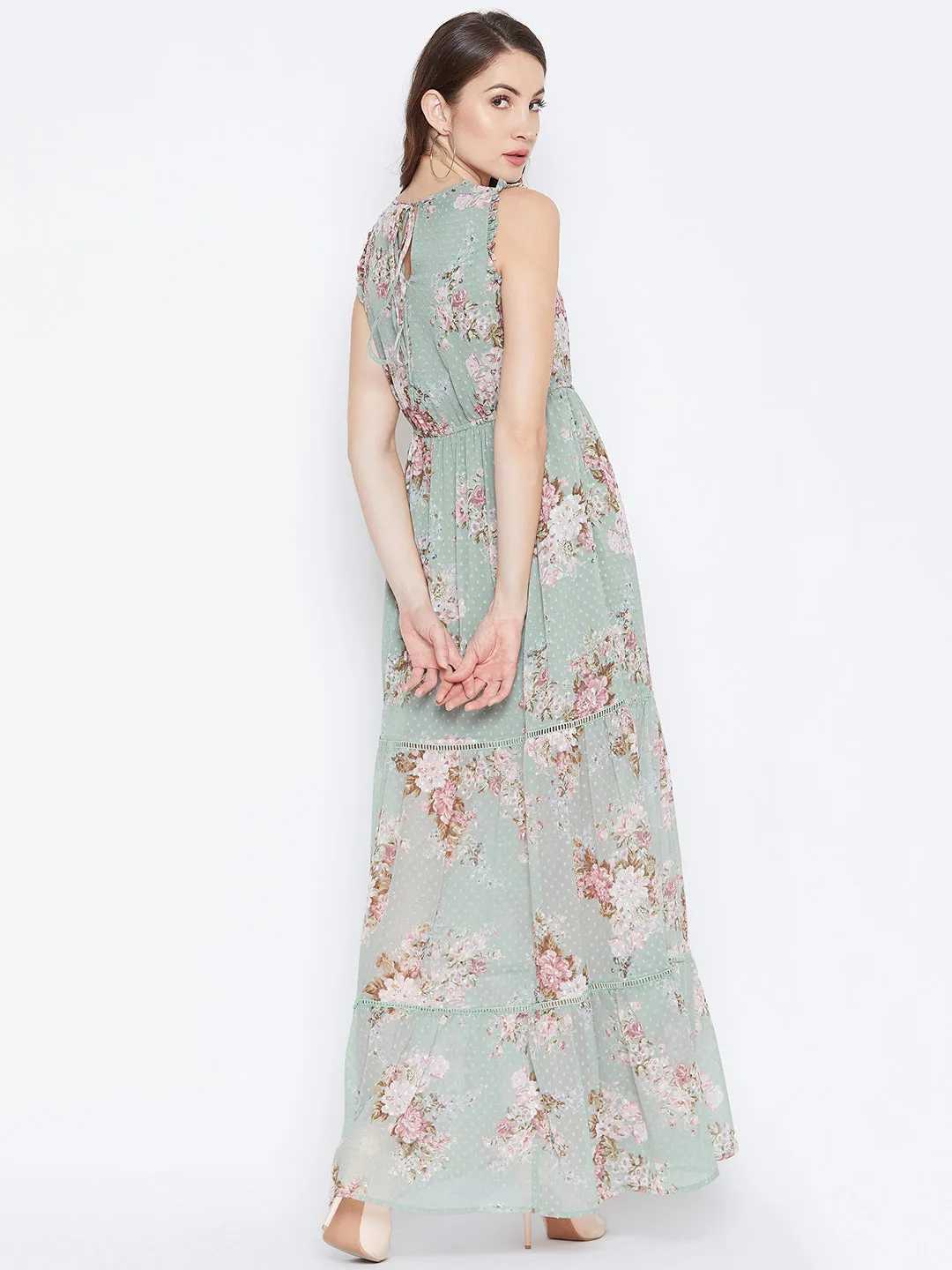 Berrylush Women Green Floral Printed V-Neck Chiffon Ruffled Maxi Dress