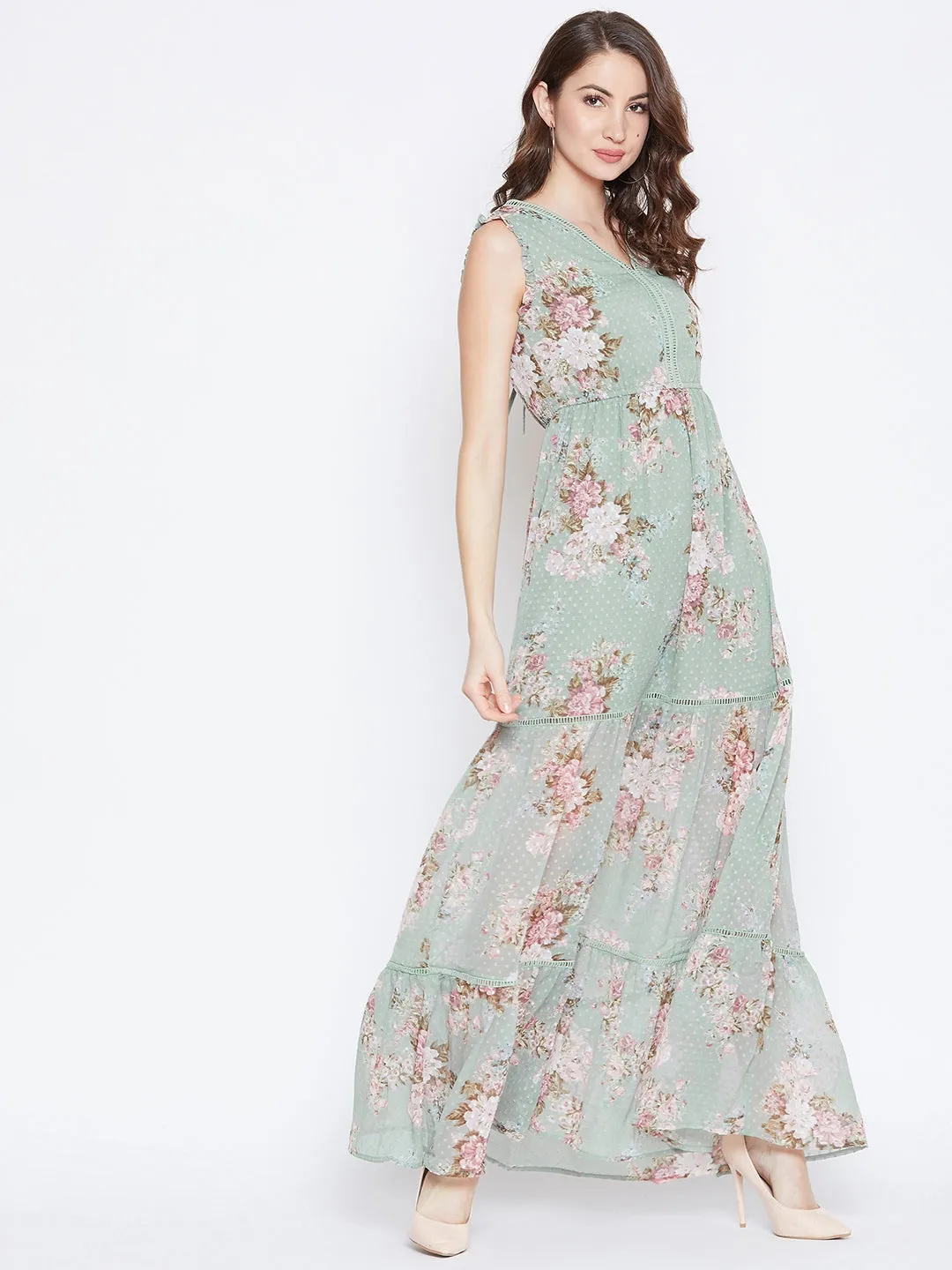 Berrylush Women Green Floral Printed V-Neck Chiffon Ruffled Maxi Dress