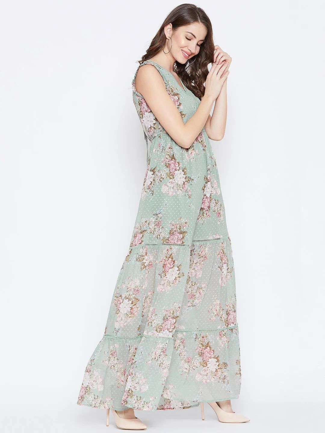 Berrylush Women Green Floral Printed V-Neck Chiffon Ruffled Maxi Dress