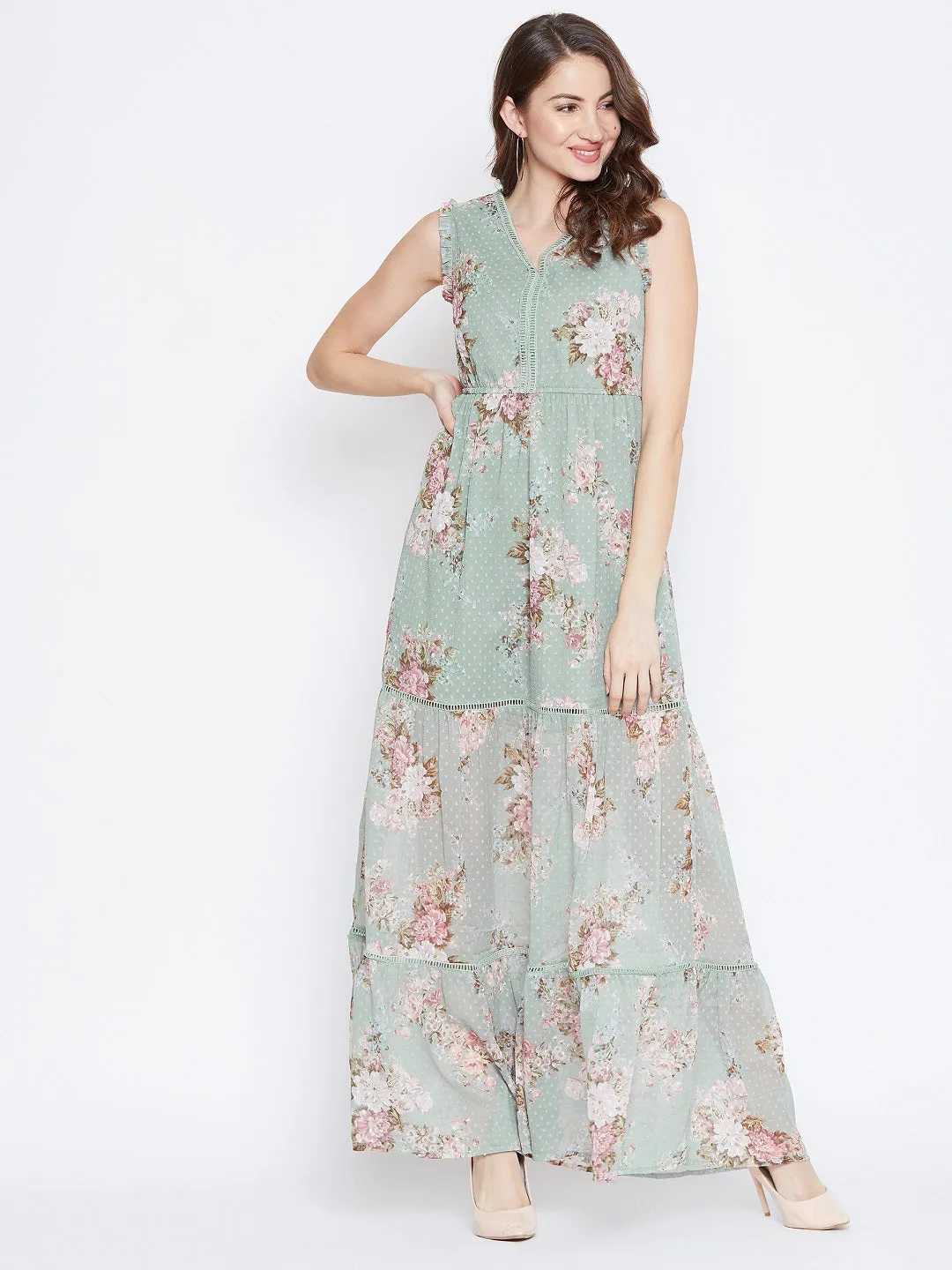 Berrylush Women Green Floral Printed V-Neck Chiffon Ruffled Maxi Dress