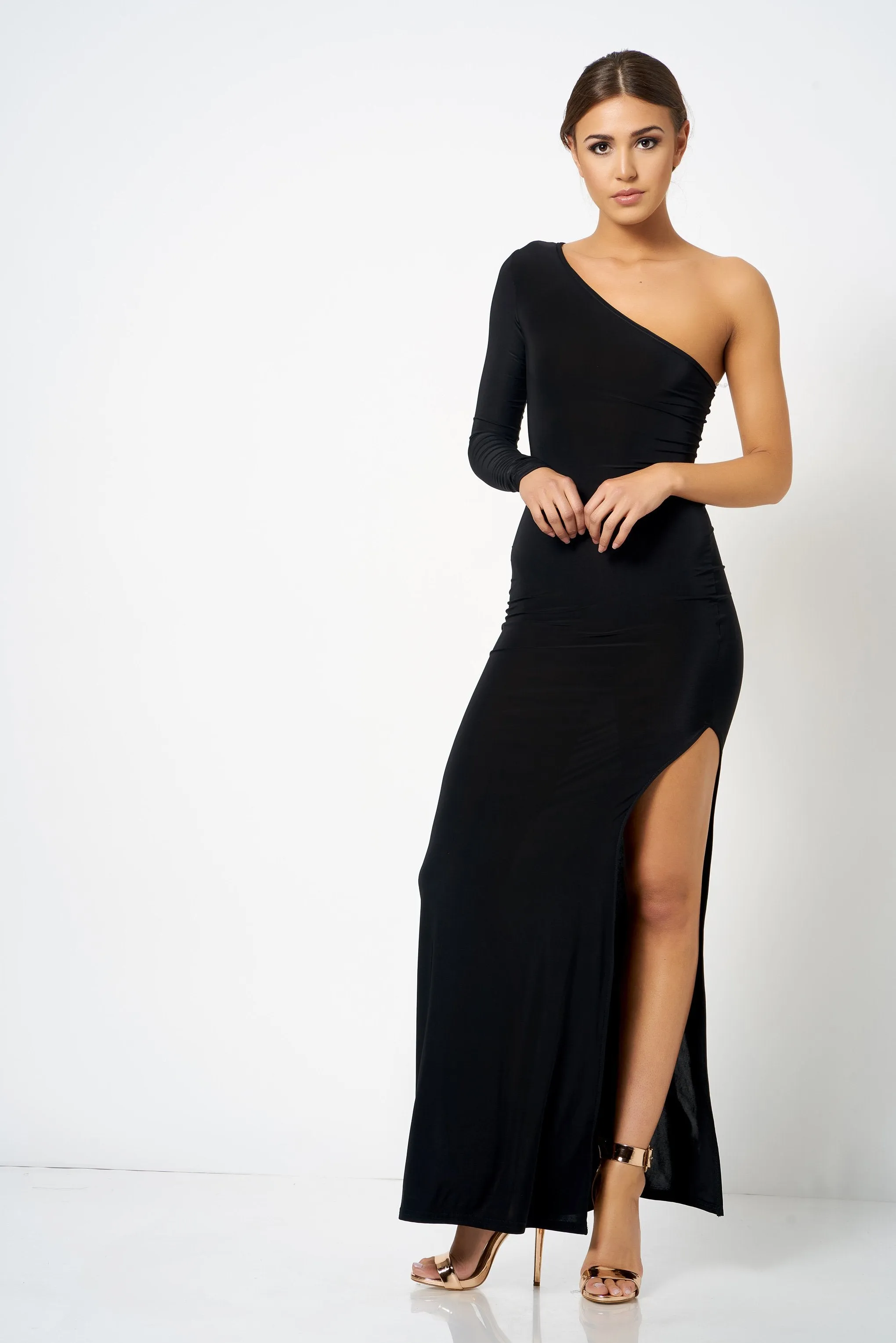 Black One Shoulder Split Maxi Dress