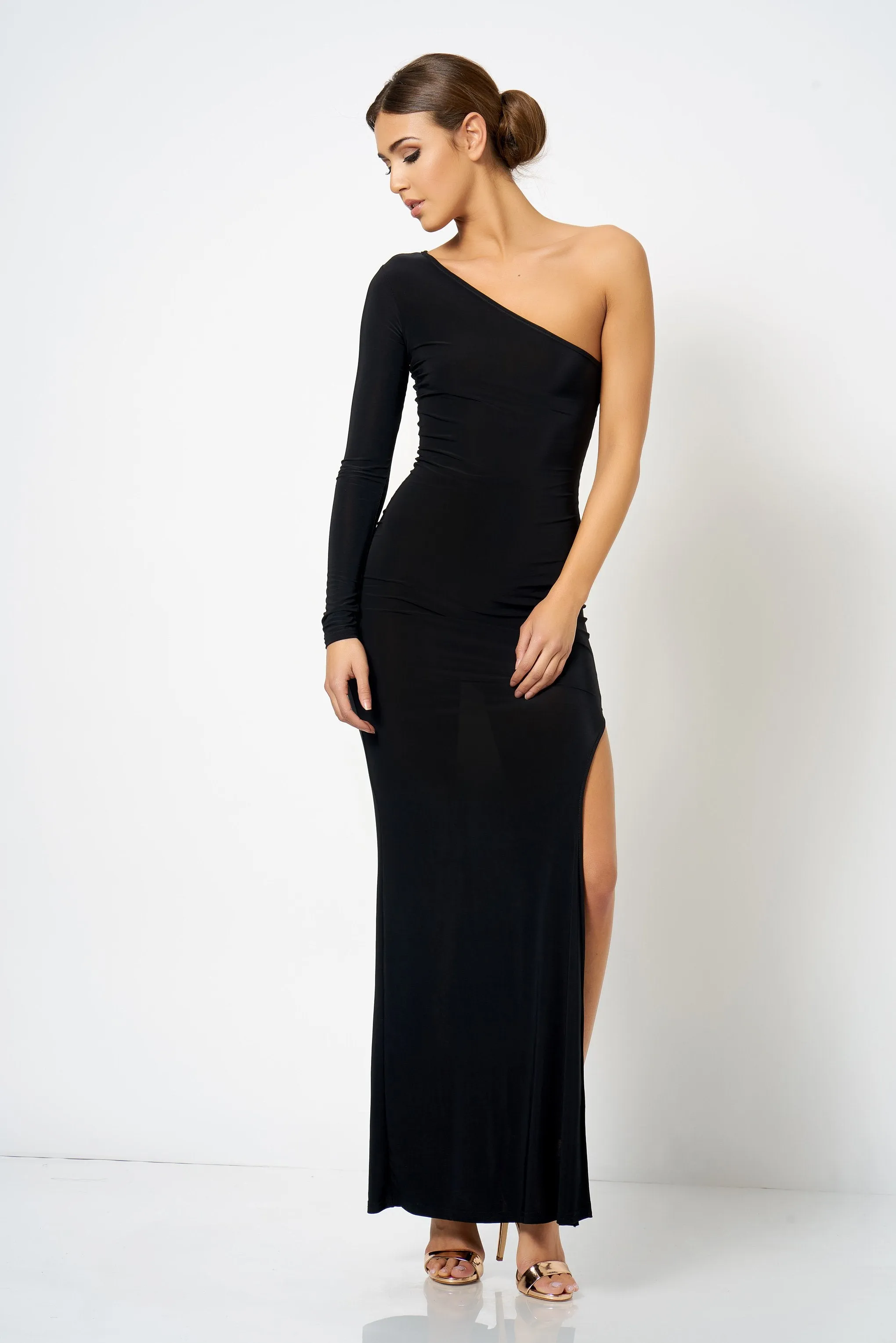 Black One Shoulder Split Maxi Dress