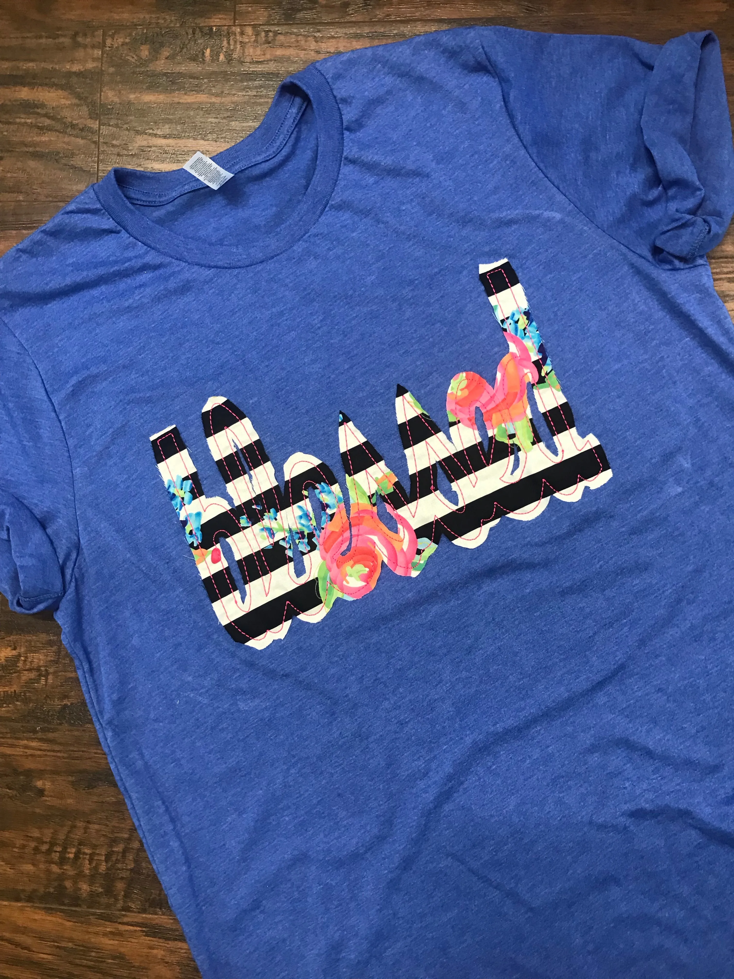 BLESSED Shirt - Royal Blue with Floral/Stripes