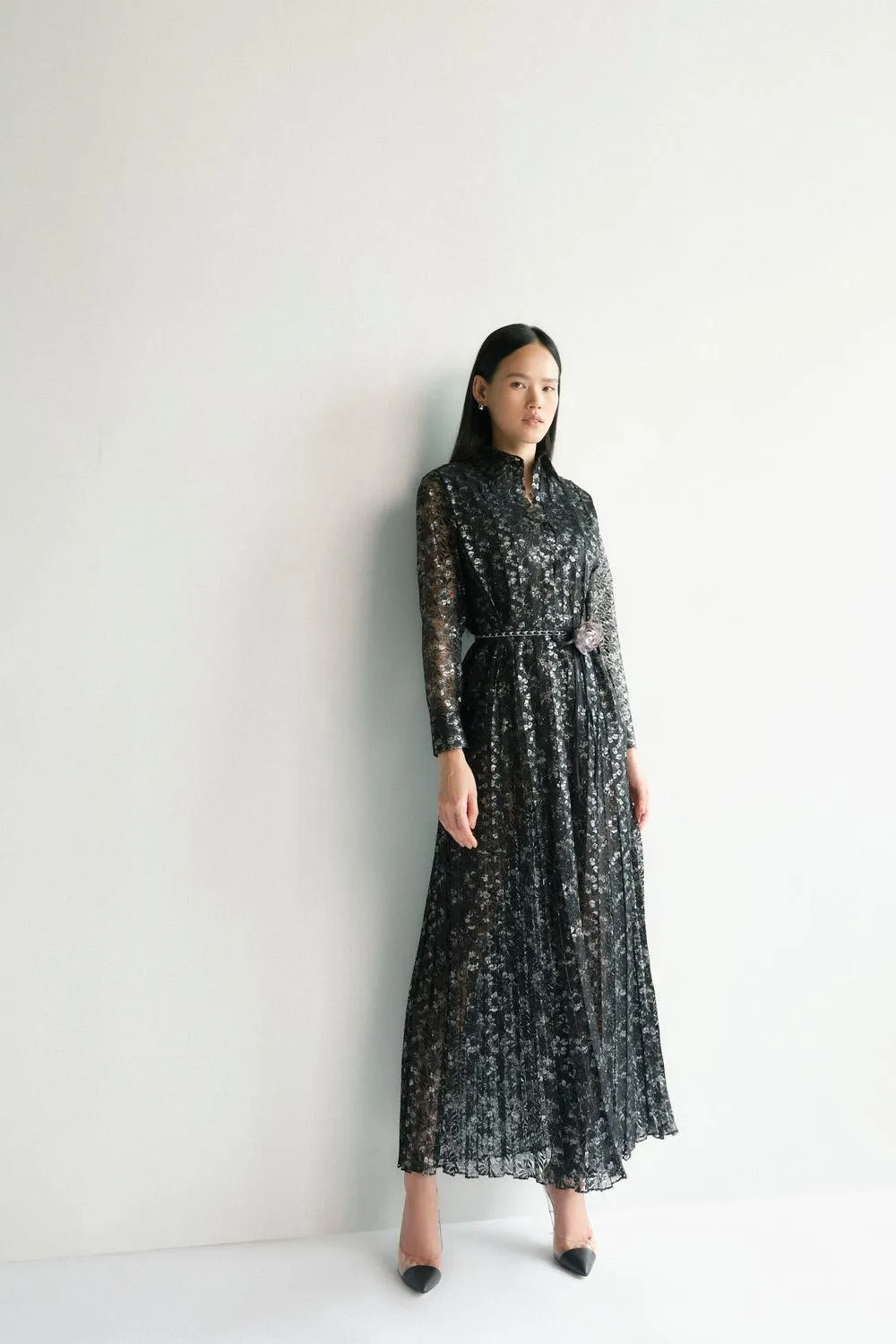 Bloom Pleated Shirt Collar Lace Maxi Dress