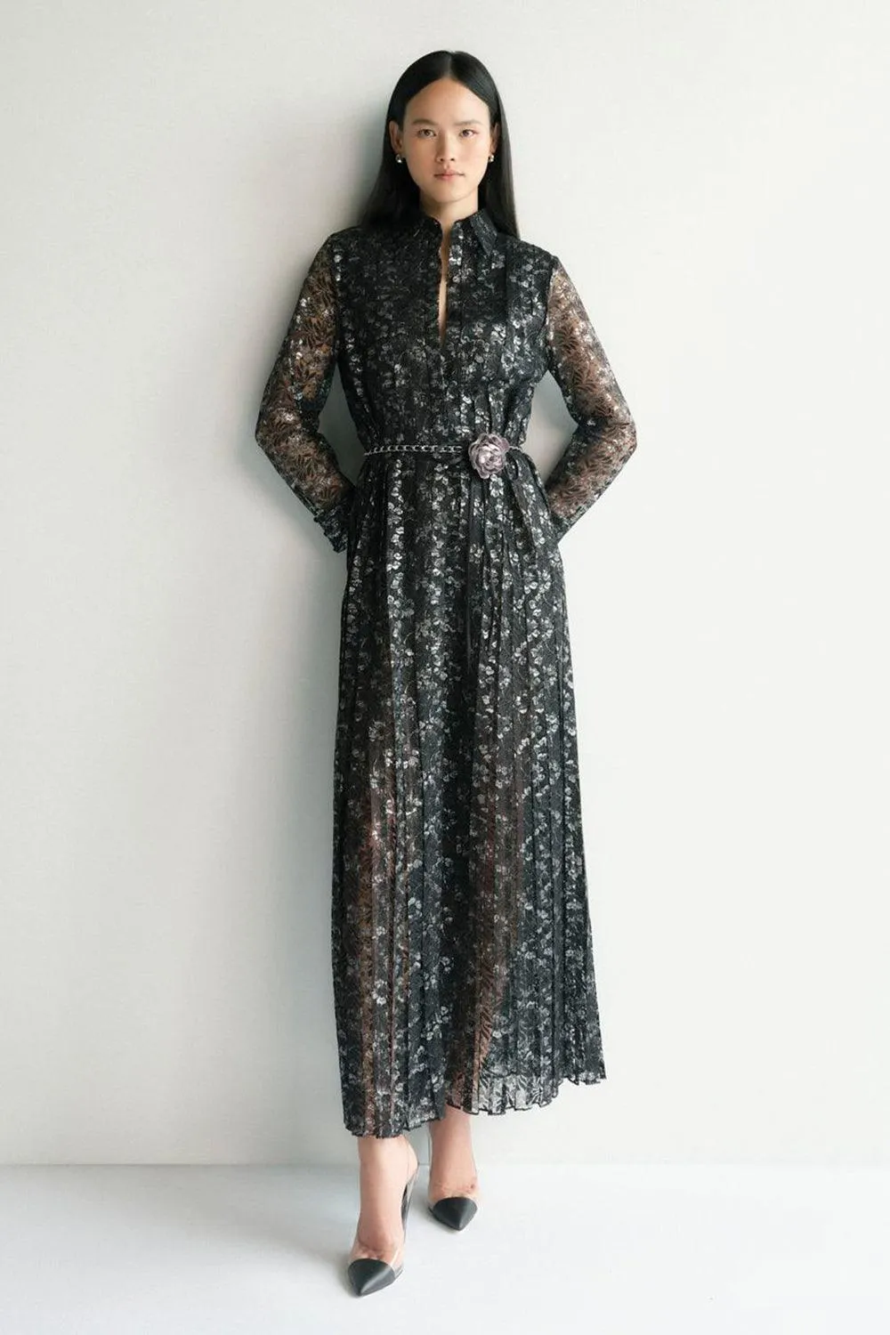 Bloom Pleated Shirt Collar Lace Maxi Dress