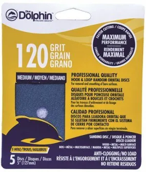 Blue Dolphin Anti-Clogging/No Load Series 5 Inch  5-Hole Hook & Loop Discs 120 Grit 5 Pack