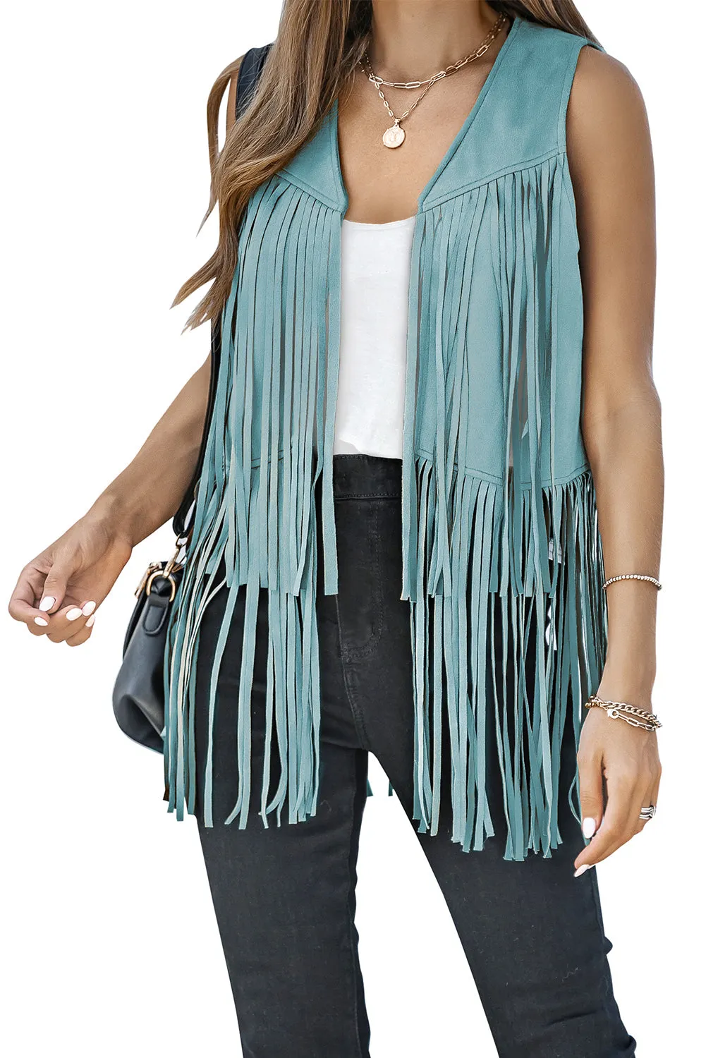 Blue Fringed Quilted Hem Open Vest Coat