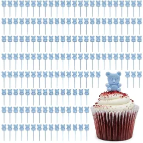 Blue Teddy Bear Cupcake Toppers, Baby Shower Decorations (0.85 x 3 In, 100 Pack)