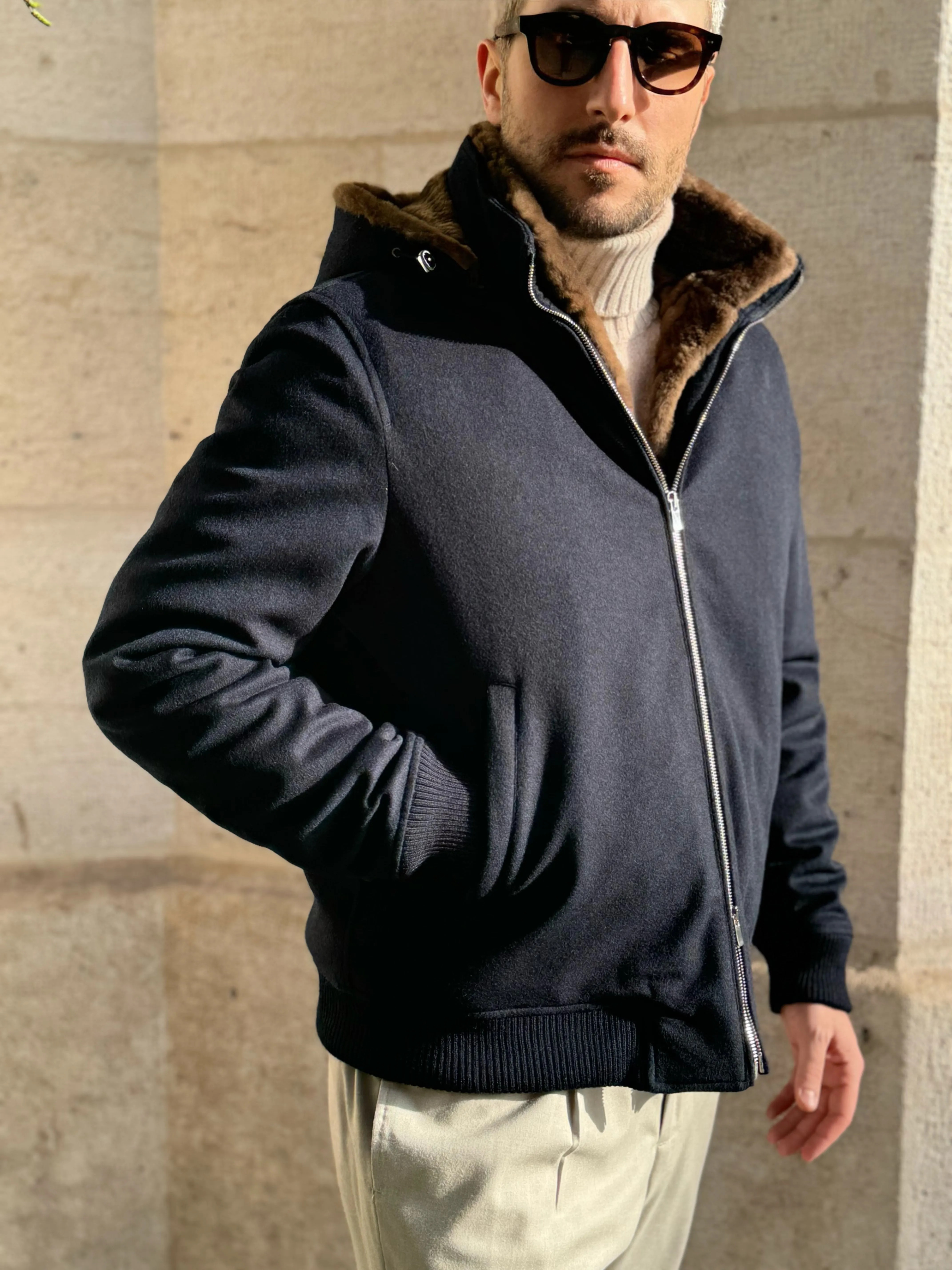 Bomber Hooded Full Fur - Wool Navy