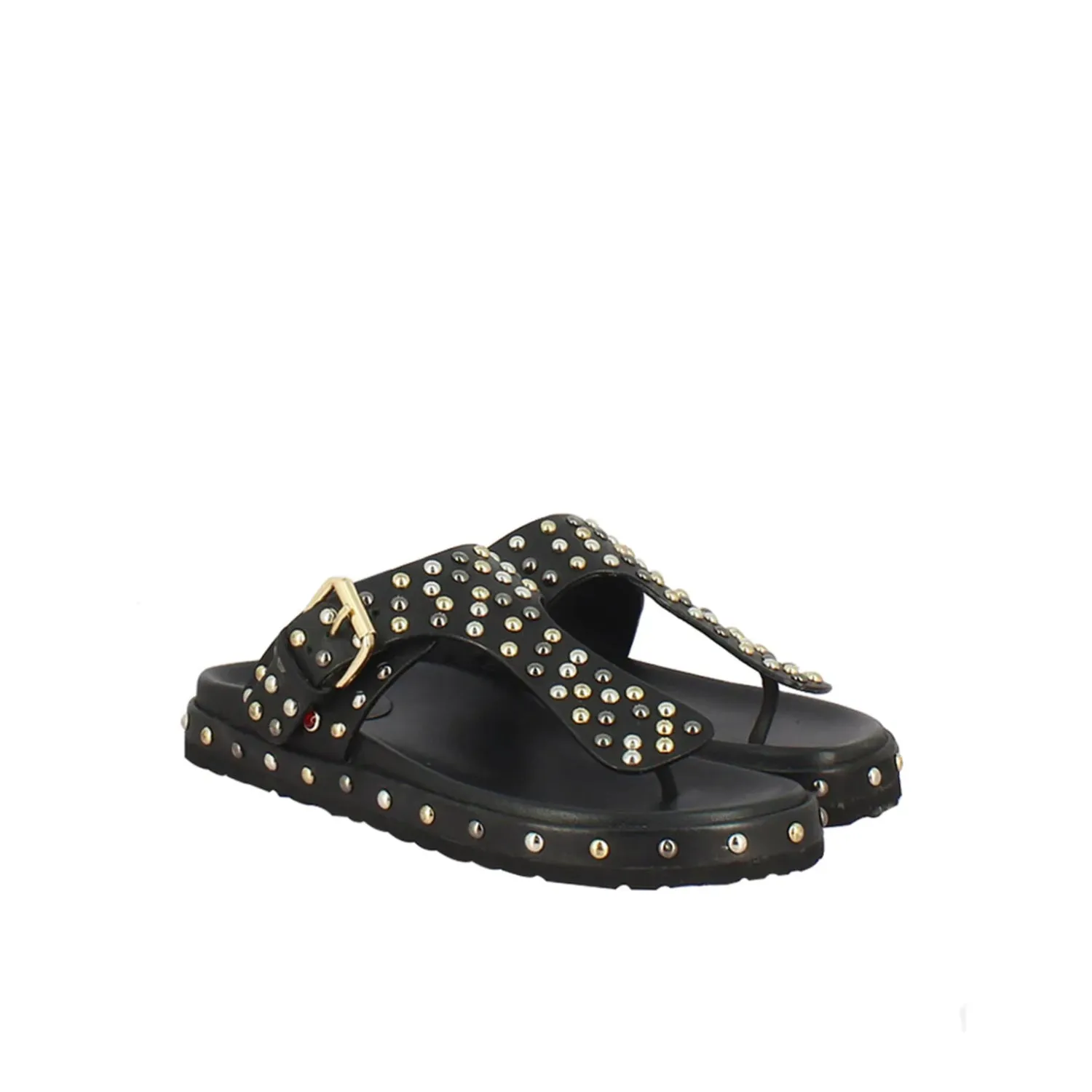 Boston Studded Buckle Black Leather Sandal