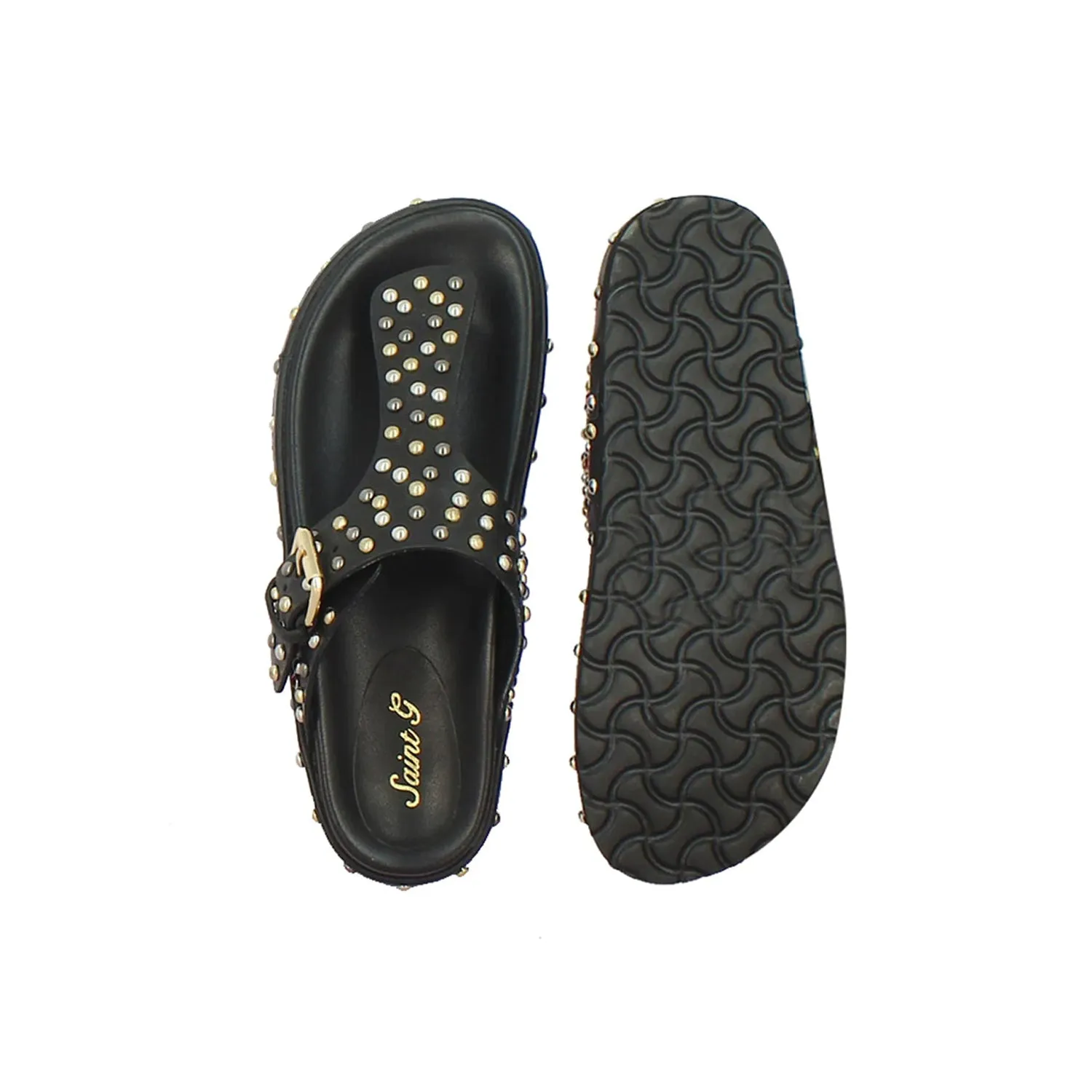 Boston Studded Buckle Black Leather Sandal