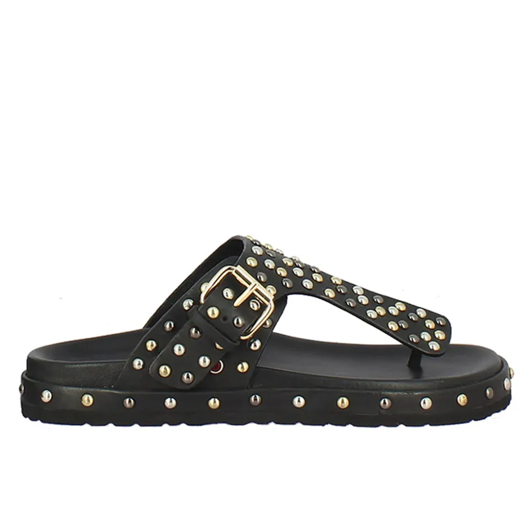 Boston Studded Buckle Black Leather Sandal