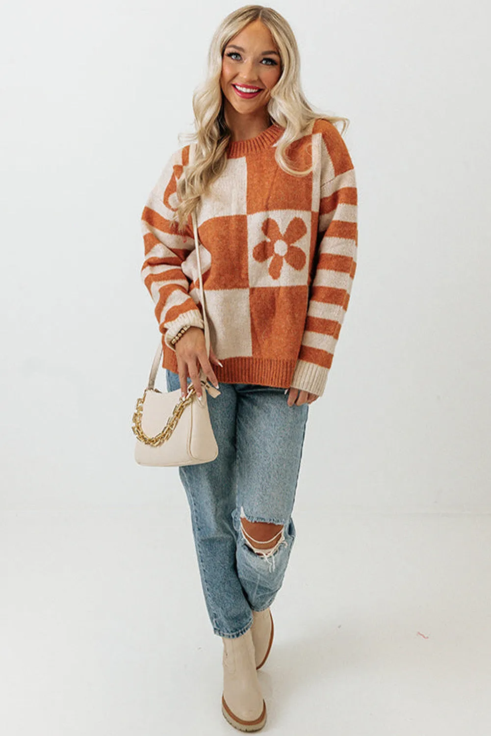 Brown Checkered and Striped Knitted Pullover Sweater