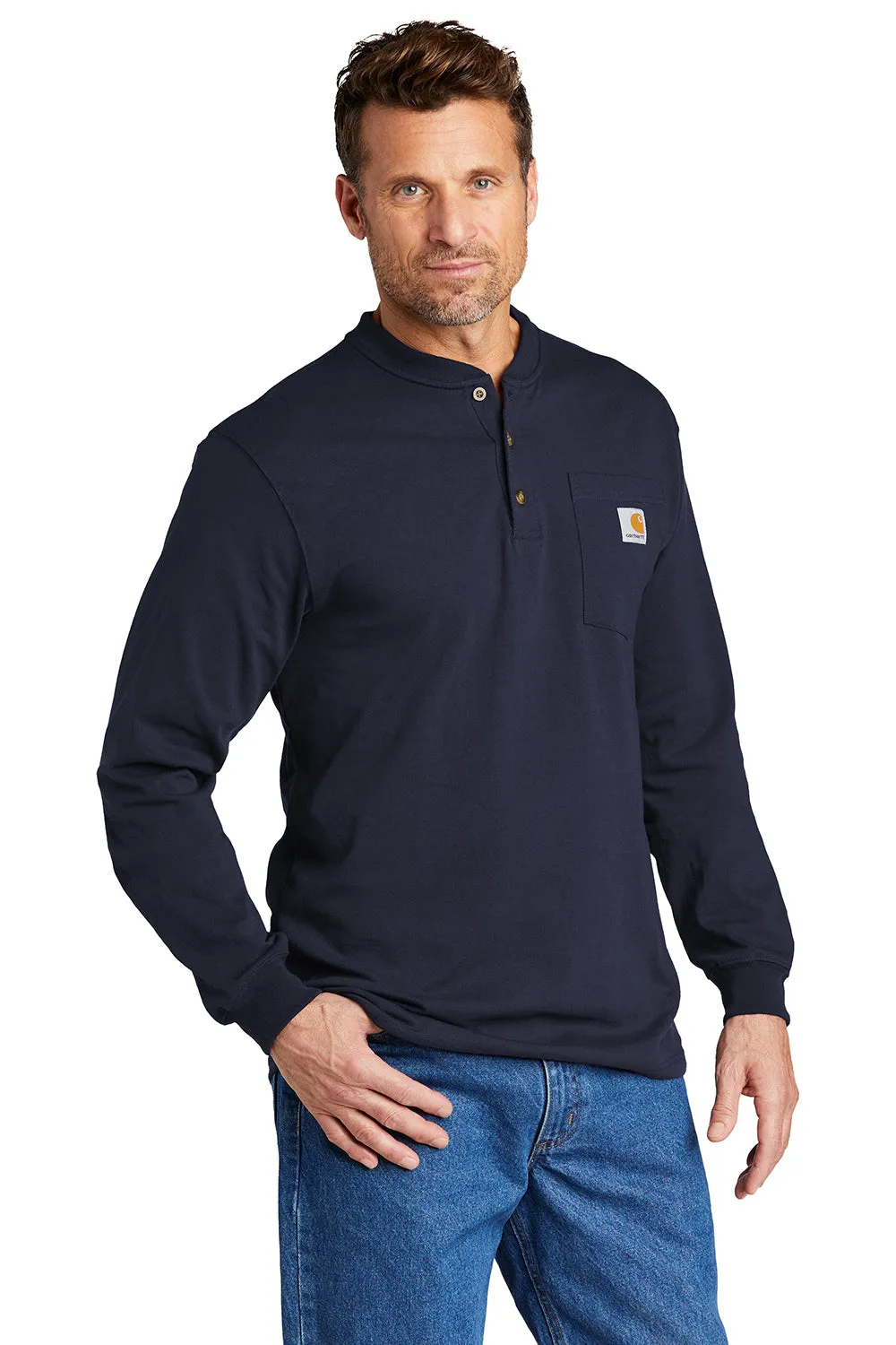 Carhartt Mens Long Sleeve Henley T-Shirt w/ Pocket - Navy Blue