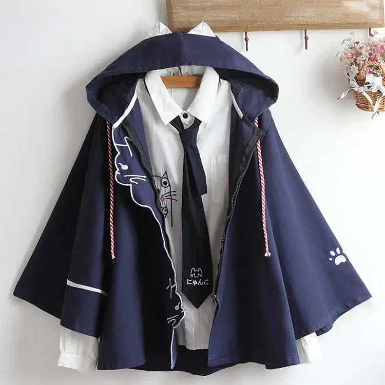 Cartoon Cat Paws Embroidery Zipper Hooded Cloak Coat