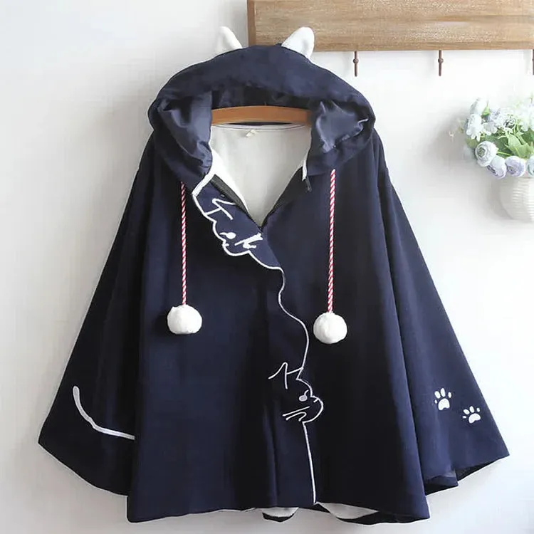 Cartoon Cat Paws Embroidery Zipper Hooded Cloak Coat