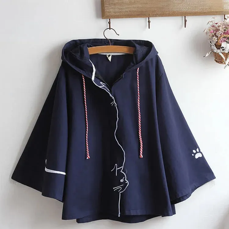 Cartoon Cat Paws Embroidery Zipper Hooded Cloak Coat