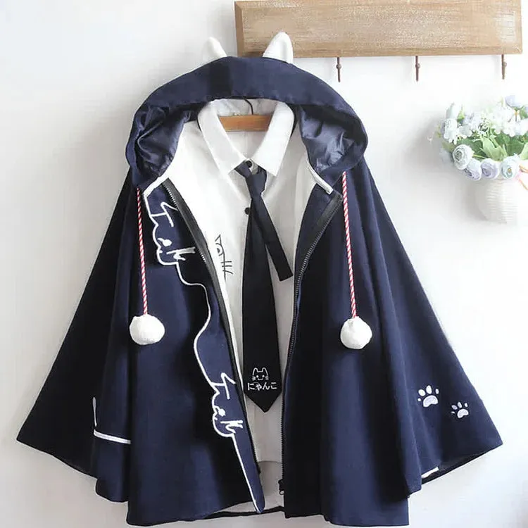 Cartoon Cat Paws Embroidery Zipper Hooded Cloak Coat