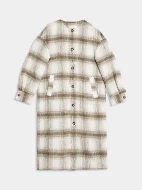 Checked collarless longline shacket with wool