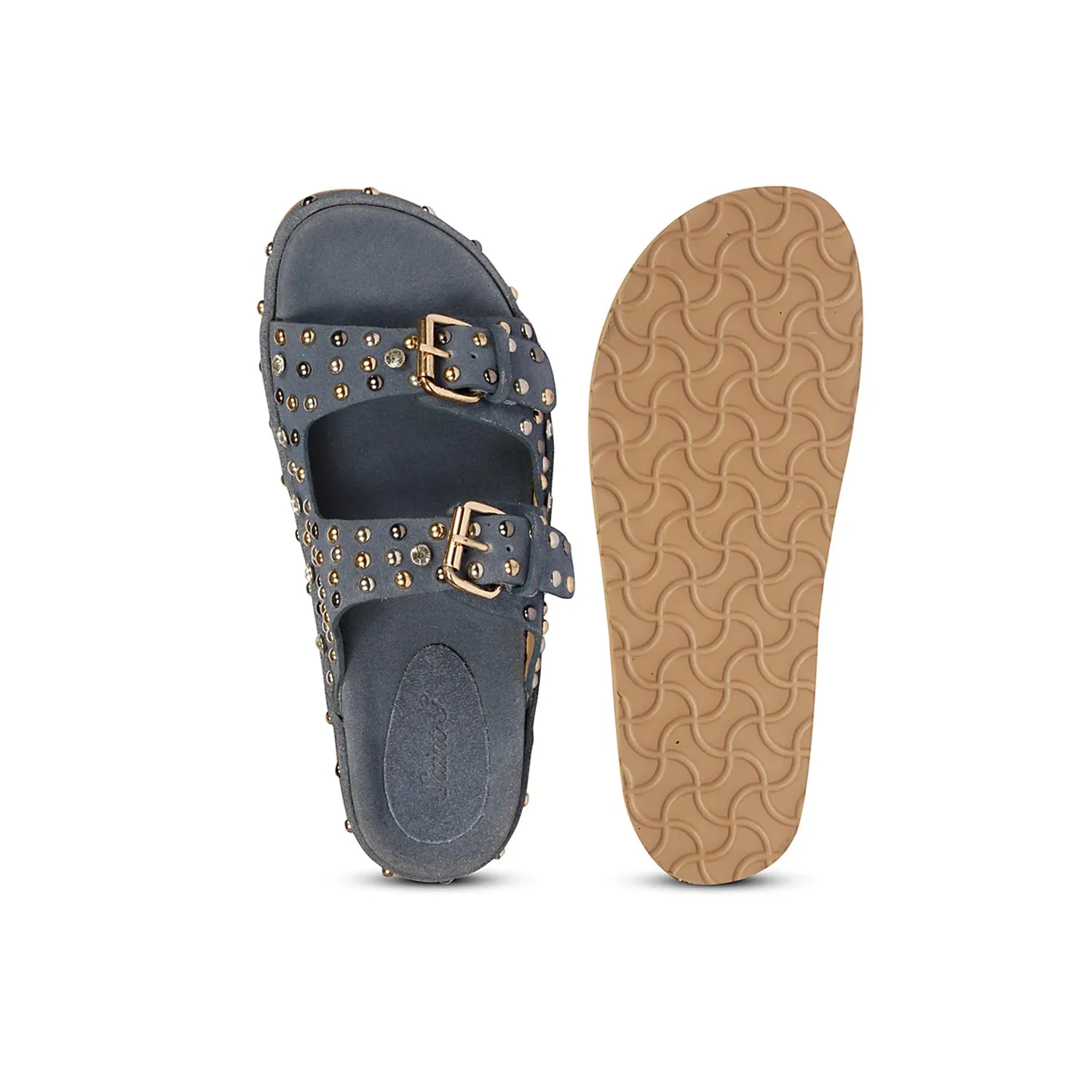 Chloe Studded Double Buckle Denim Leather Sandal