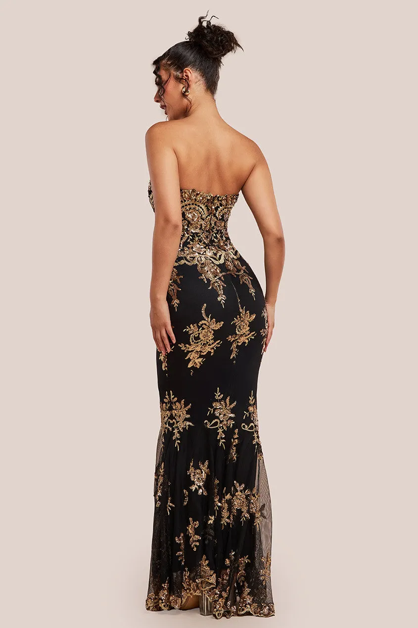 City Goddess Scallop Bandeau Sequin Mesh Maxi Dress