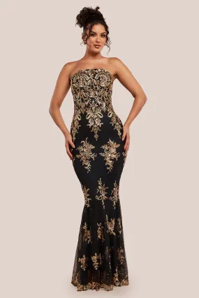 City Goddess Scallop Bandeau Sequin Mesh Maxi Dress