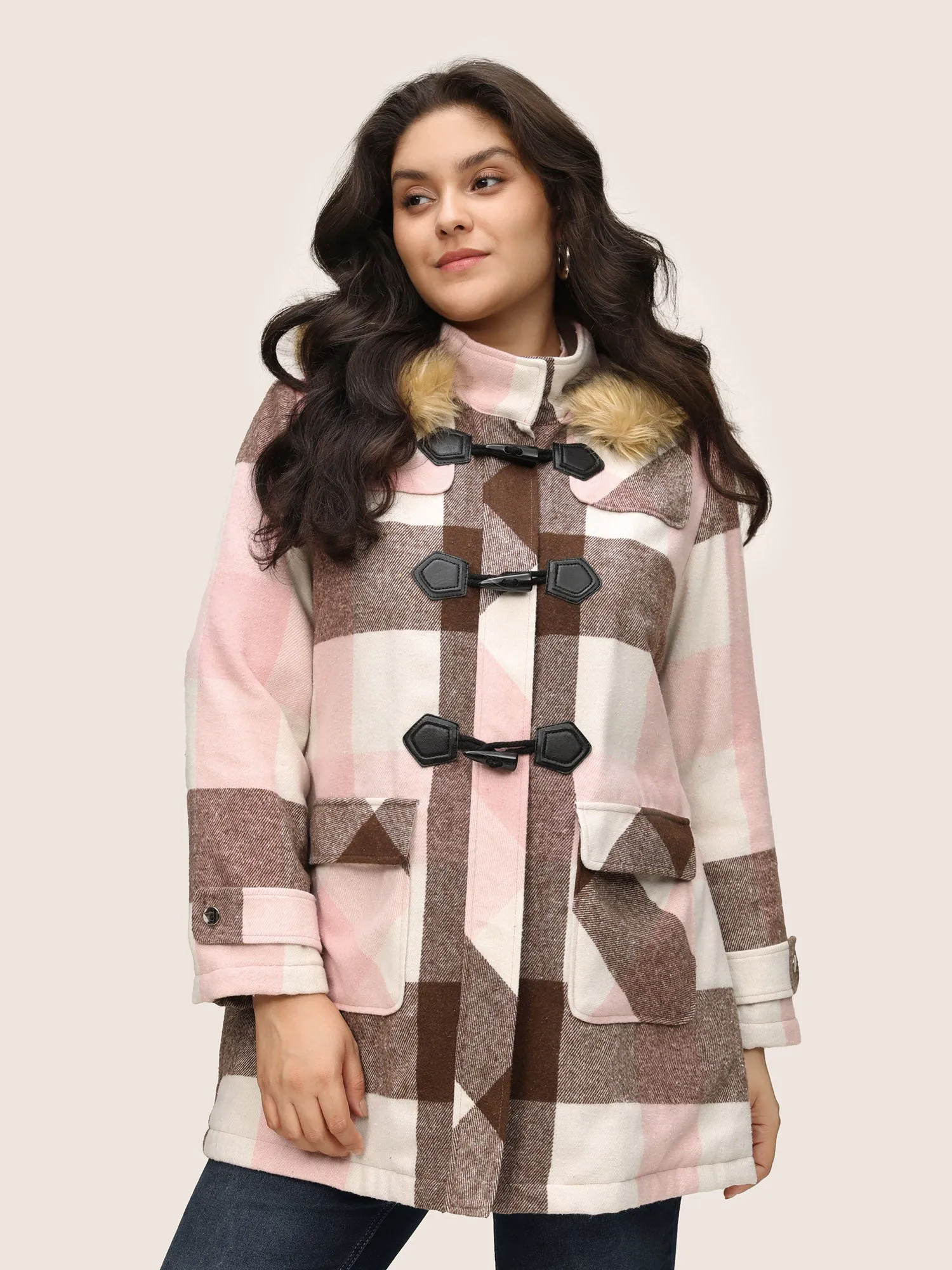 Colorblock Contrast Fuzzy Trim Duffle Button Coat