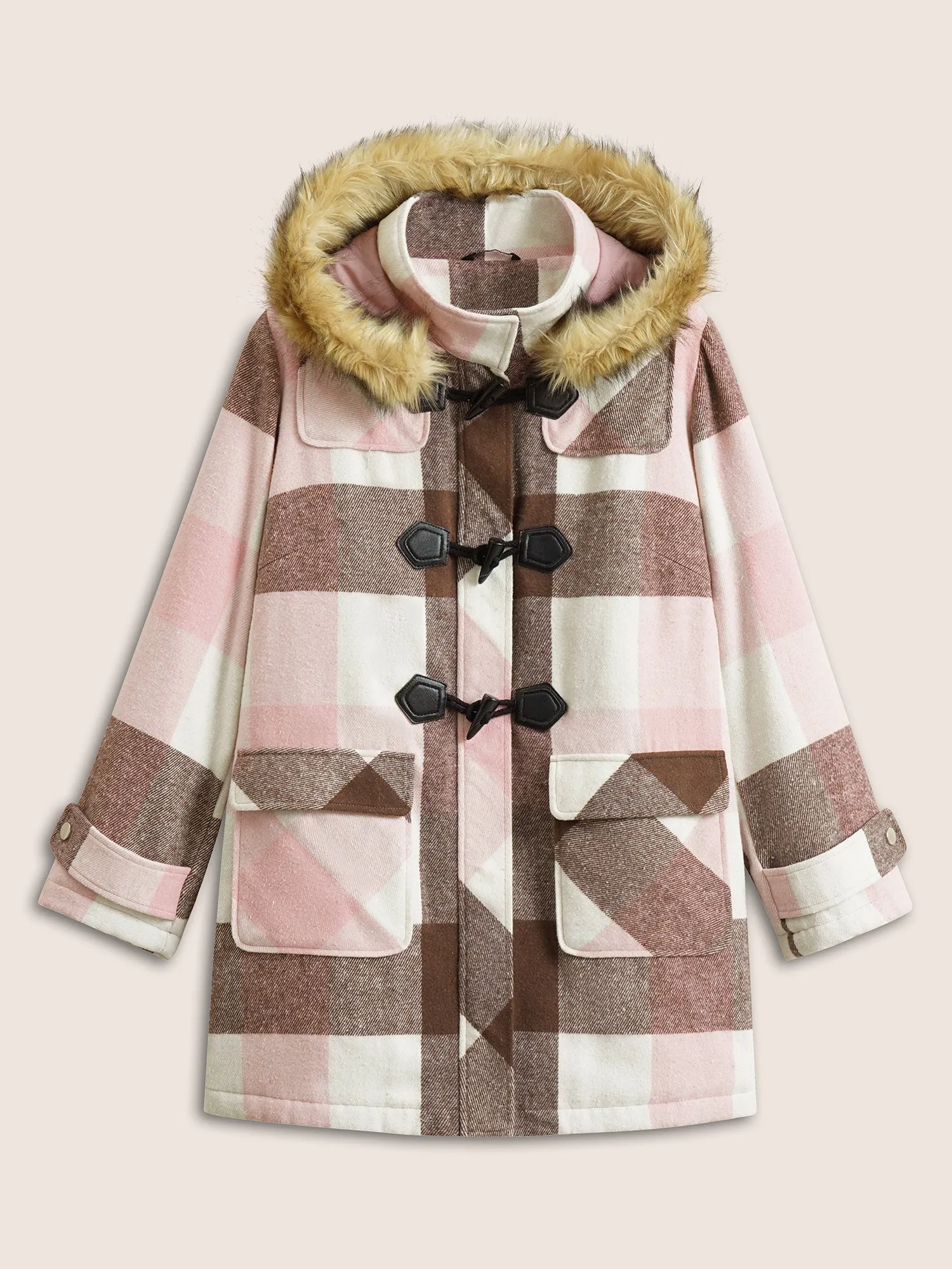 Colorblock Contrast Fuzzy Trim Duffle Button Coat