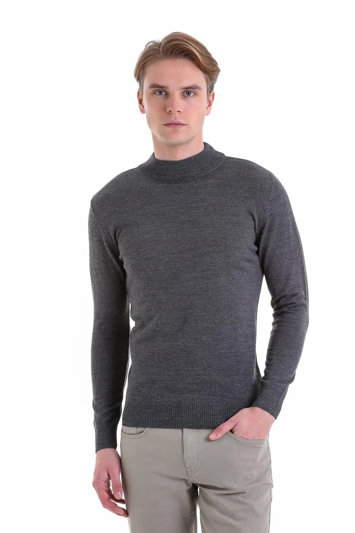 Comfort Fit Wool Blend Dark Gray Mock Neck Sweater