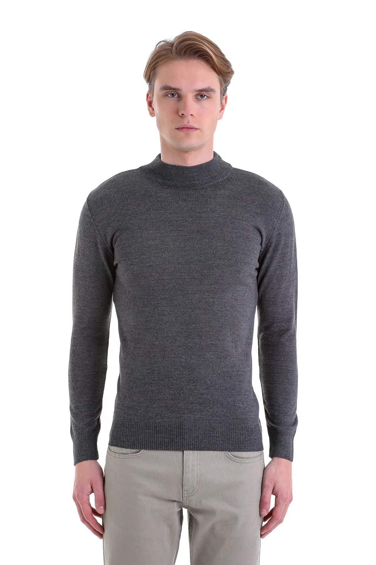 Comfort Fit Wool Blend Dark Gray Mock Neck Sweater