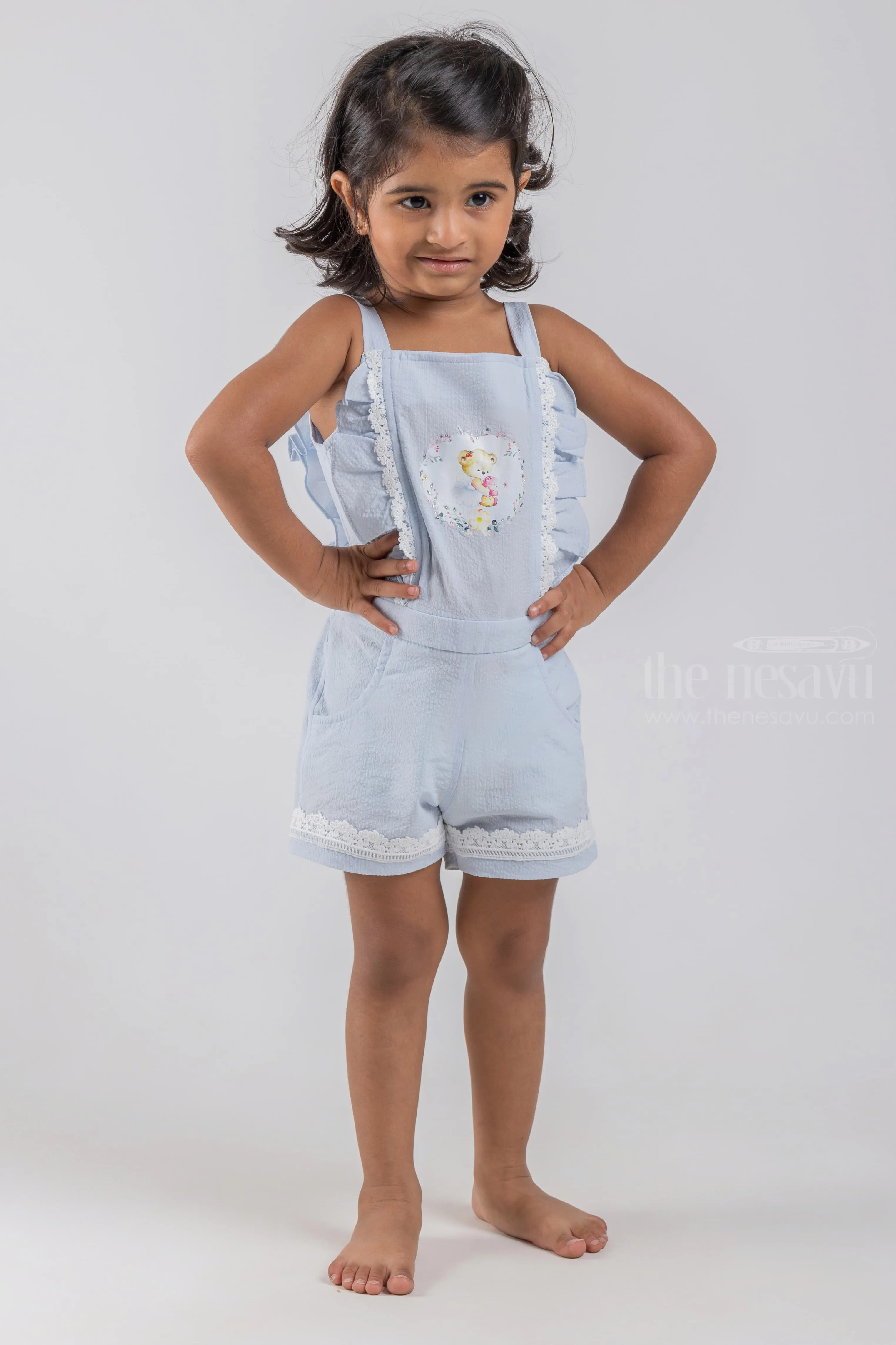 Cute Teddy Bear Printed Sleeveless Blue Top and Blue Trouser Set for Baby Girls