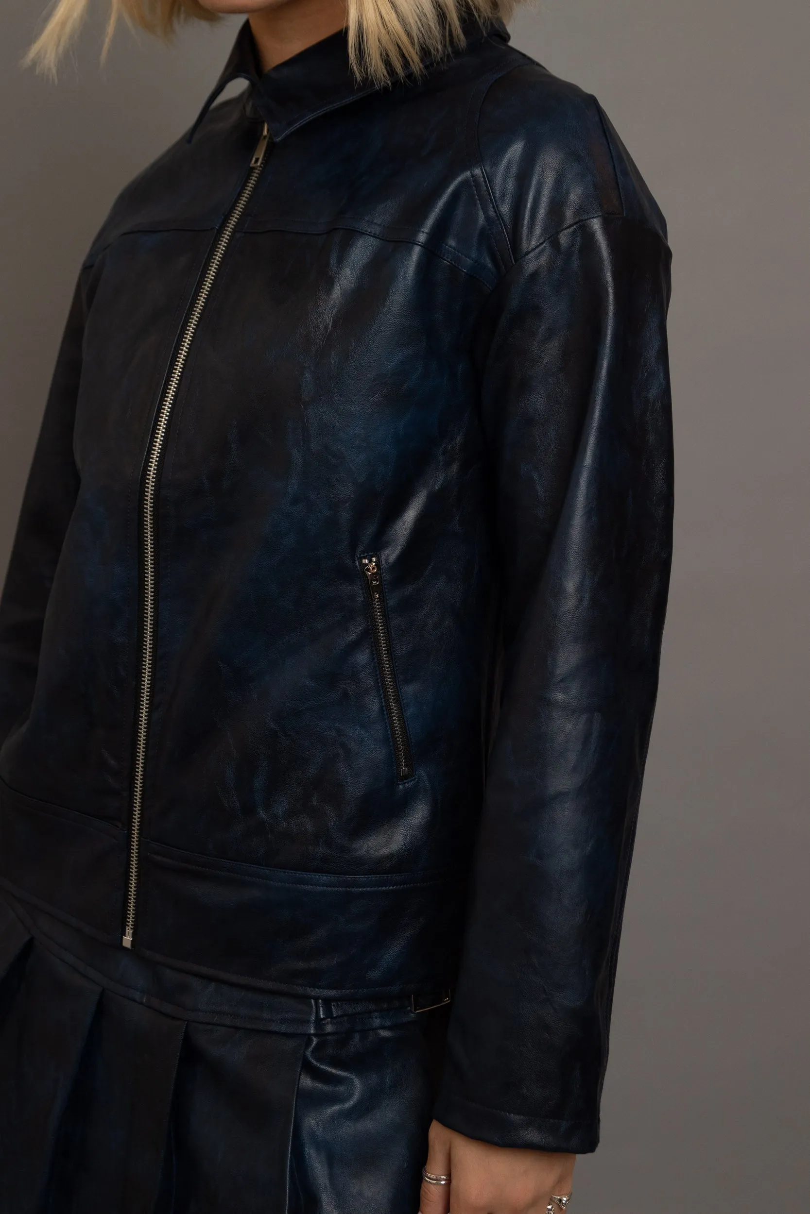 Daisy Street - Sprayed PU Oversized Midnight Blue Jacket