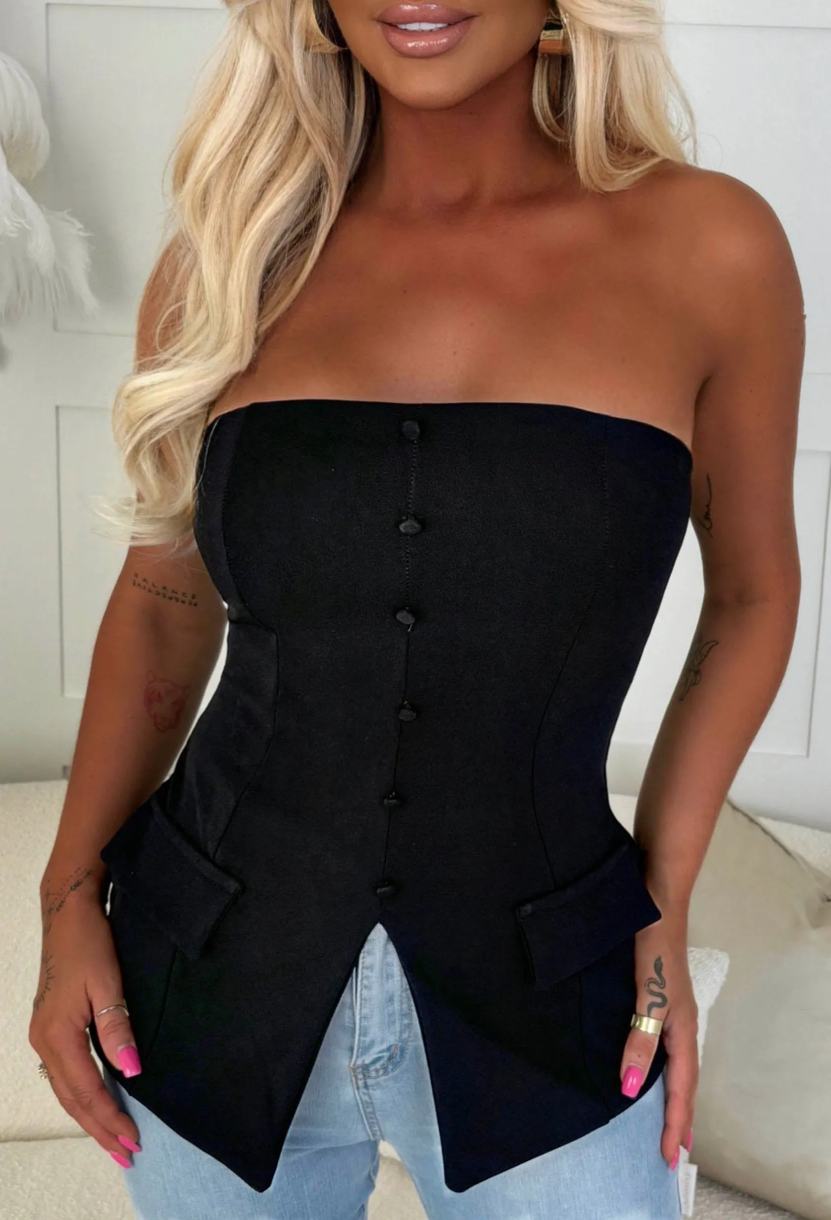 Double Life Black Bandeau Tailored Top