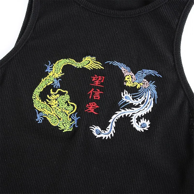 Dragon Print Sexy Strap Workout Fitness Bodycon Tank Top Sleeveless