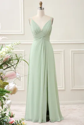 Dusty Sage A Line Spaghetti Straps Pleated Chiffon Maxi Dress