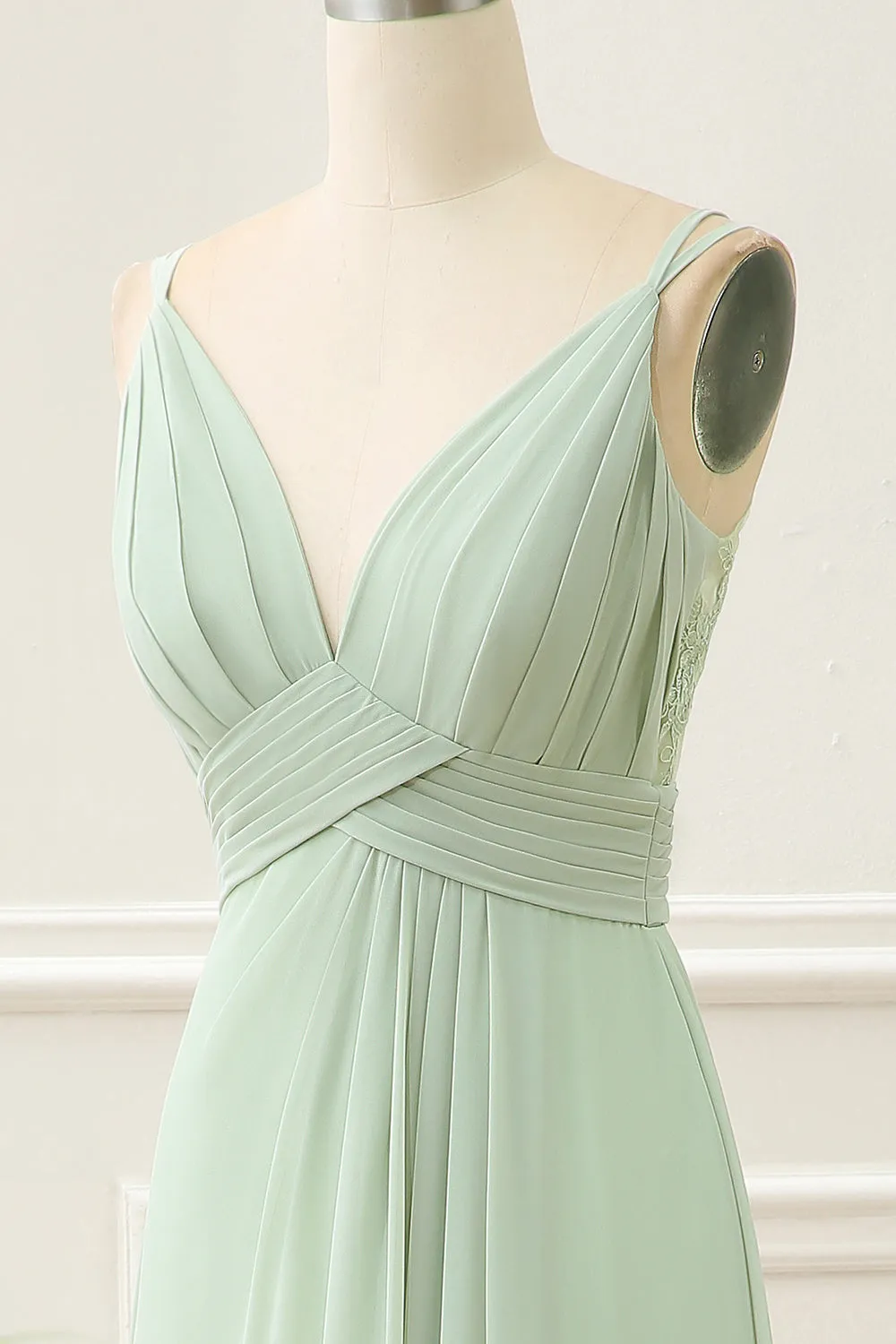 Dusty Sage A Line Spaghetti Straps Pleated Chiffon Maxi Dress